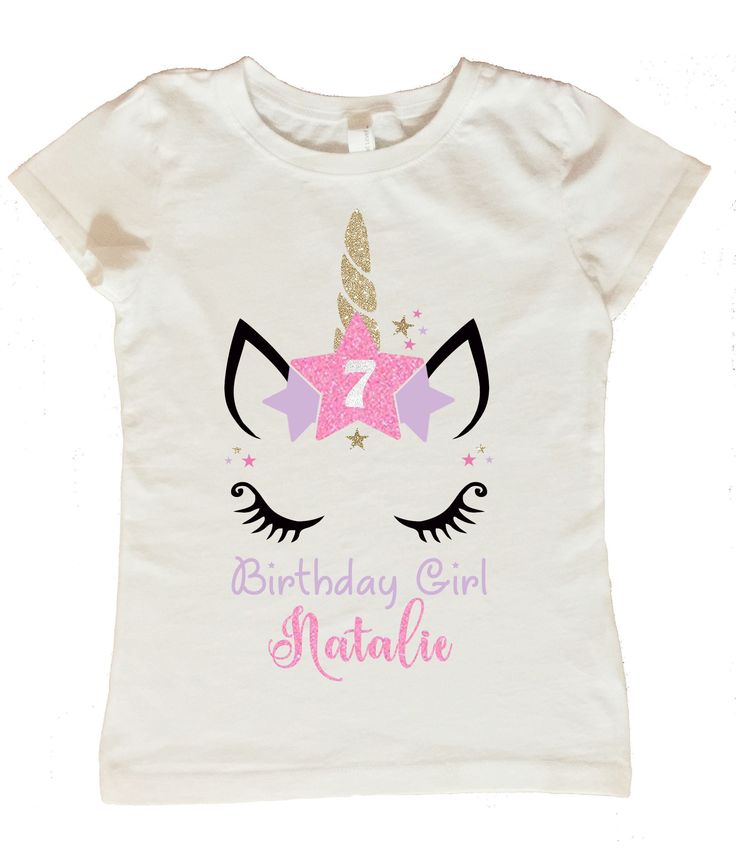 Dress up your little girl for her birthday with a personalized Unicorn birthday shirt! These shirts are 100% cotton and are created using heat pressed vinyl. This unicorn shirt is decorated with stars and is personalized with your child's name and age. We have the following sizes available: 2T 3T Youth XS (Equivalent to size 3/4) Youth S (Equivalent to size 6/6x) Youth M (Equivalent to size 7/8) Youth L (Equivalent to size 10/12) Youth XL (Equivalent to size 14/16) Personalization During checkou Cute Unicorn Print Birthday T-shirt, Pink Unicorn Print T-shirt For Birthday, Birthday Unicorn Print Crew Neck T-shirt, Birthday White T-shirt With Unicorn Print, White Unicorn Print T-shirt For Birthday, White Unicorn Print Top For Birthday, White T-shirt With Unicorn Print For Birthday, Cotton Unicorn Print Top For Birthday, Unicorn Birthday Shirt