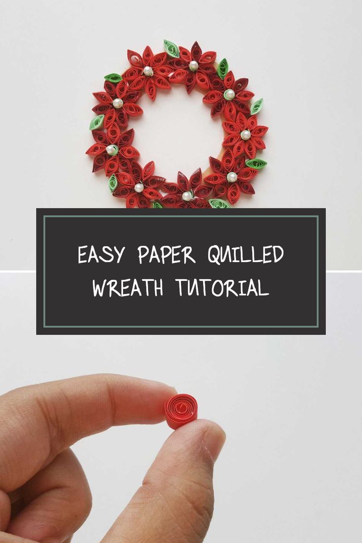 a hand holding a red paper quilled wreath with the words easy paper quilled wreath