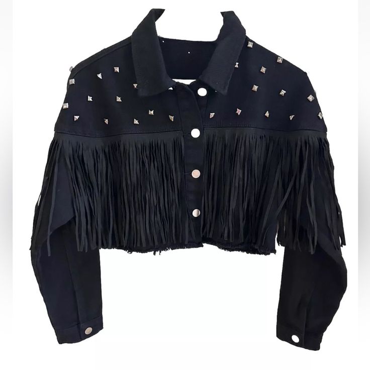 Cropped Studded Fringe Raw Hem Black Denim Buttoned Jacket Nwot Size Small Unbranded Cropped Raw Hem Black Denim Jacket With Graphite (Dark Silver) Toned Studs On The Upper Part And Long Fringe On The Front And Back. Button Down Closure. Buttoned Cuffs. Approximate Measurements: Pit To Pit: 18.5” Jacket Length: 16” Sleeve Length: 18” Edgy Cropped Denim Jacket For Winter, Punk Style Long Sleeve Denim Jacket For Fall, Edgy Long Sleeve Denim Jacket For Fall, Fitted Denim Jacket With Fringe And Long Sleeves, Fitted Long Sleeve Denim Jacket With Fringe, Fitted Fringe Long Sleeve Denim Jacket, Fitted Black Outerwear With Fringe, Fitted Black Fringe Outerwear, Edgy Black Outerwear With Fringe