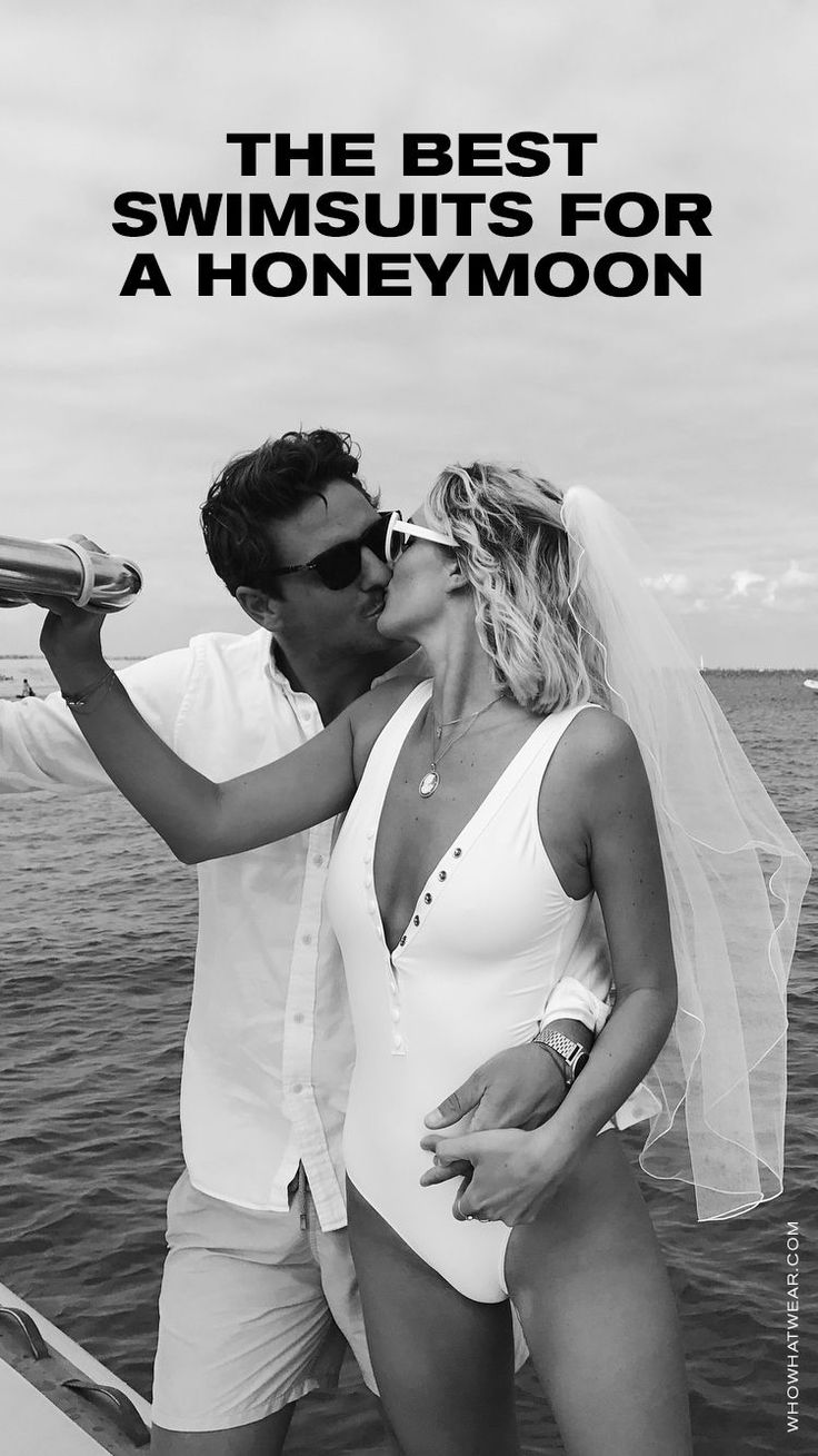 a man and woman kissing on the back of a boat with text overlay that reads, the best swimsuits for a honeymoon