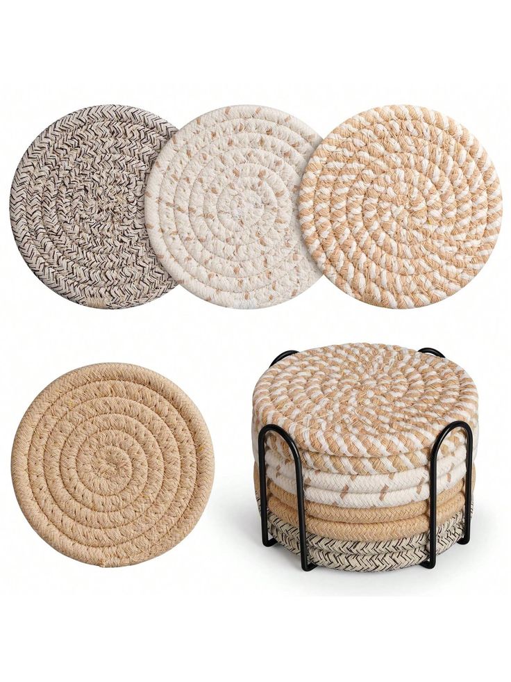 four woven coasters with black metal frame on white background, including one round and one circular