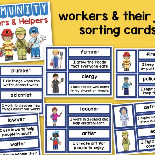 some cards with words and pictures on them that say, volunteers and their jobs sorting cards