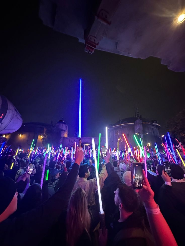 a large group of people with lightsabes in their hands at a concert or festival