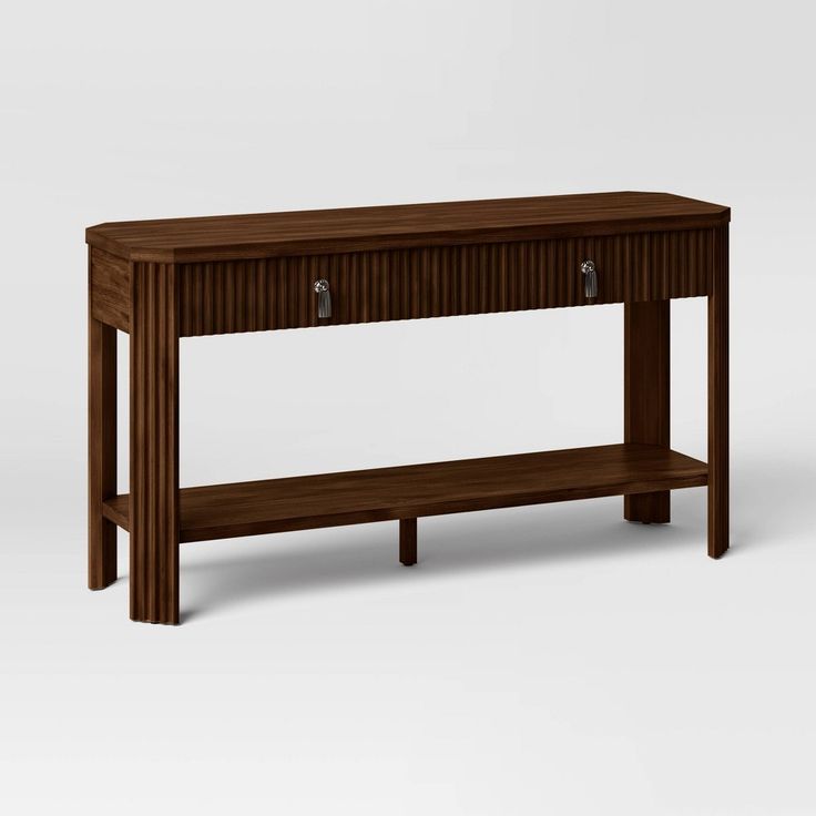 a wooden console table with two drawers on one side and an open shelf at the top