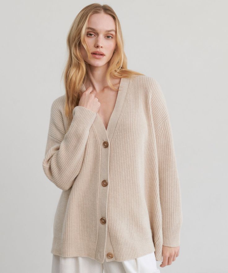 Cashmere Cocoon Cardigan Oatmeal Our favorite slouchy cardigan in luxuriously soft, lightweight, pure cashmere. A dramatically oversized body and the perfect relaxed fit make it ideal for layering. Trust us when we say: you'll never want to take this off. 100% cashmere. Made in China of Mongolian cashmere. Lightweight, super-soft knit. Faux-horn buttons. | Jenni Kayne Women's Cashmere Cocoon Cardigan Sweater Size Large Cocoon Sweater, Slouchy Cardigan, Medium Tv Show, Oversized Sweater Cardigan, Cocoon Cardigan, Rib Knit Cardigan, Jenni Kayne, Technology Fashion, Wardrobe Inspiration