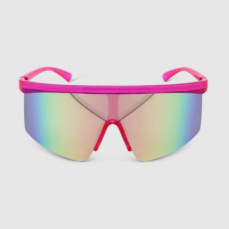 Oversized shield-style sunglasses. Made with lightweight plastic frame in a pink color with colorful lenses. UV protection lenses help shield eyes from the sun's harmful rays. Wild Fable™: A look for every story. If you’re not satisfied with any Target Owned Brand item, return it within one year with a receipt for an exchange or a refund. Gender: female. Age Group: adult. Sun Glass For Women, Sunglasses Colorful, Preppy Sunglasses, Pit Viper Sunglasses, Y2k Pink, Cute Sunglasses, Summer Sunglasses, Wild Fable, Shield Sunglasses