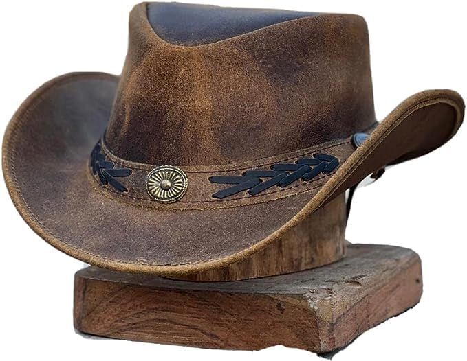 PRICES MAY VARY. 100% Leather Imported Drawstring closure Dry Clean Only ·         FOR HELP IN SIZE SELECTION, SEE THE SIZE CHART (PICTURE NO. 6) Our studded mens outback hat meets your needs, made of high quality comfortable, nontoxic, environmentally friendly, durable leather, for cowboy themed party, birthday party, Halloween party and as a gift. Our western hats for men are multipurpose used as fashion to get attention in party and to save yourself from Weather. ·         Hadzam outback hats Arthur Morgan Hat, Outback Hat Men, Australian Cowboy Hat, Outback Hats, Australian Outback Hat, Cowboy Themed Party, Cowboy Attire, Australian Hat, Leather Top Hat