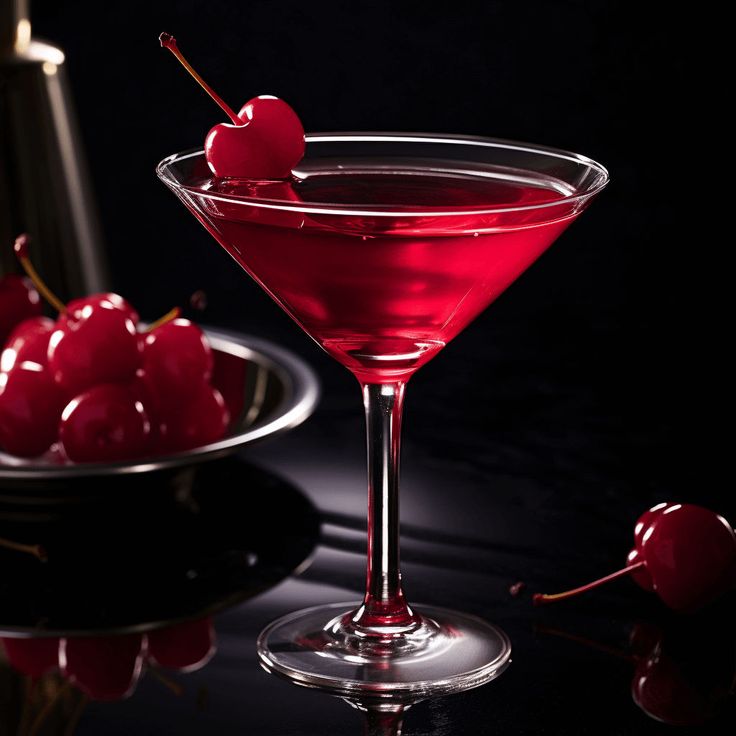 a martini glass with cherries in it next to a plate full of cherries