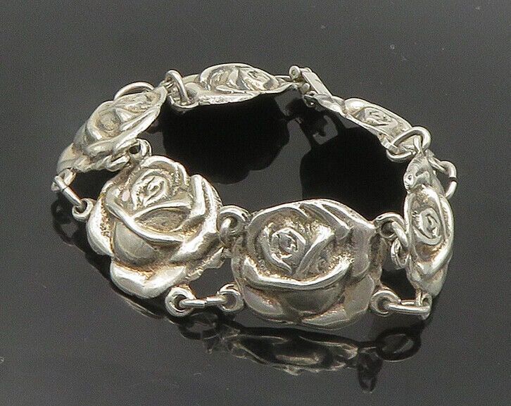 "925 Sterling Silver - Vintage Antique Rose Flower Link Chain Bracelet - BT7821  Jewelry Type:         Bracelet   Metal Type:            925 Silver  Metal Size:             7.5\" Length  .75\" Height   Stone Type:            N/A  Condition:              N/A  Jewelry Weight:     36.6 Grams  PLEASE NOTE: THIS ITEM IS PRE-OWNED. ALTHOUGH MOST ITEMS ARE IN VERY GOOD CONDITION, SOME MAY NEED CLEANING AND/OR MINOR REPAIRS. WE MAKE A VERY STRONG EFFORT TO UPLOAD CLEAR PICTURES. PLEASE INSPECT ALL PICTU Formal Silver Jewelry With Rose Details, Elegant Silver Bracelet With Rose Design, Elegant Silver Bracelets With Rose Design, Vintage Silver Jewelry With Roses, Bracelet Metal, Link Chain Bracelet, Antique Roses, Metal Bracelets, Antique Rings