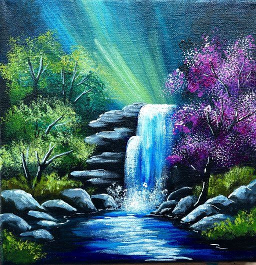 an acrylic painting of a waterfall with purple flowers in the foreground and green trees on either side