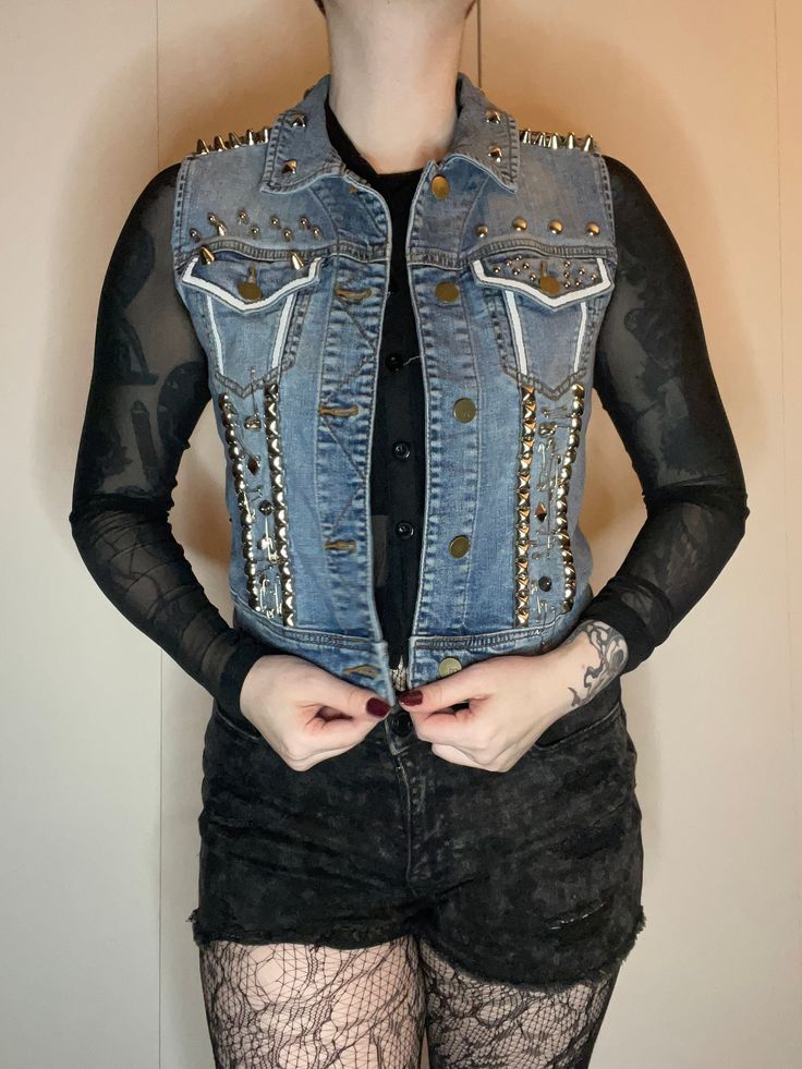 Women's small denim vest Hand studded and sewn - do not expect 100% perfection. Every vest is one of a kind and handcrafted. Handmade misfits patch Misfits Patch, Punk Outfit, Punk Outfits, Vest Outfits, Alternative Outfits, Denim Vest, Womens Vest, Favorite Outfit, Denim Jacket