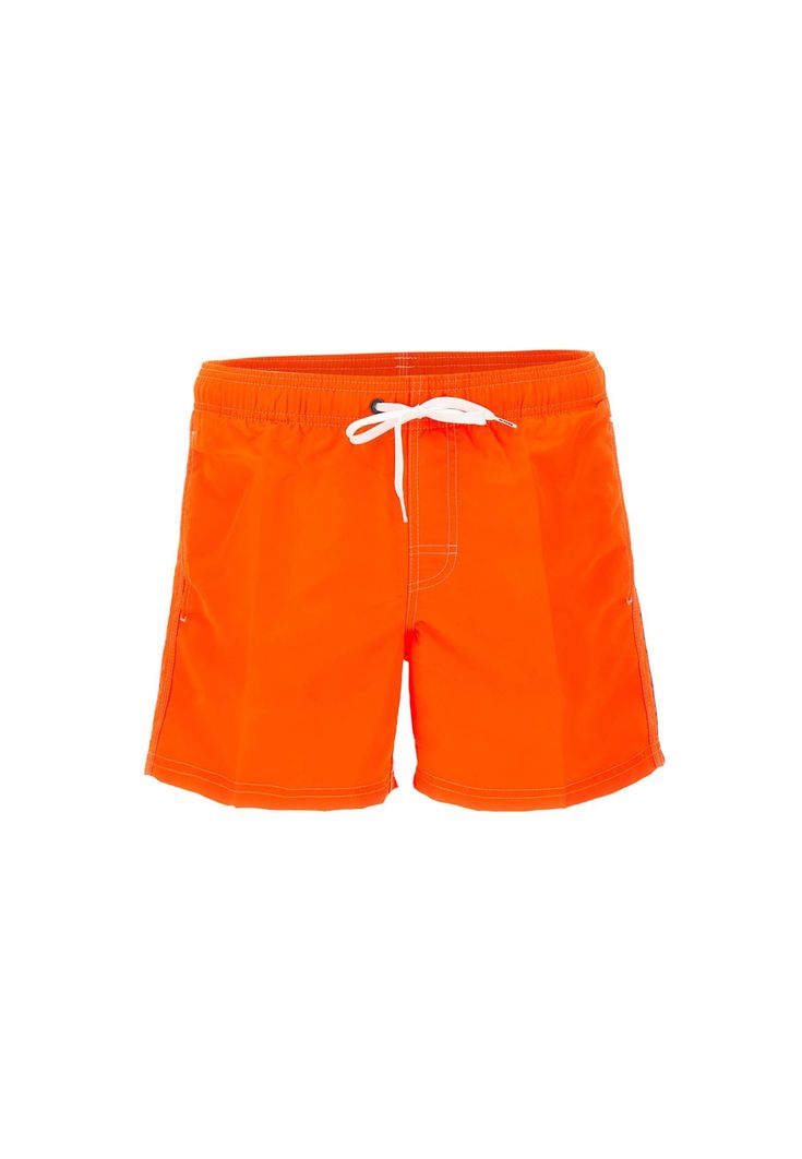 Sundek 'Boardshort' men's swimsuit, fluo orange, contrasting color profiles, low elastic waist with night-white drawstring and logoed ends, two side welt pockets, one back pocket with velcro and applied logo patch, regular fit. Composition: 100% Poliammide Spring Swim Trunks With Pockets, Orange Short Swimwear For Vacation, Orange Swim Trunks With Elastic Waistband For Beach, Orange Swim Trunks For Beach Season, Orange Nylon Swimwear For Vacation, Orange Beachwear Swim Trunks For Beach Season, Beachwear Swimwear With Side Pockets, Orange Short Swim Trunks For Beachwear, Orange Sports Swimwear For Beach Season