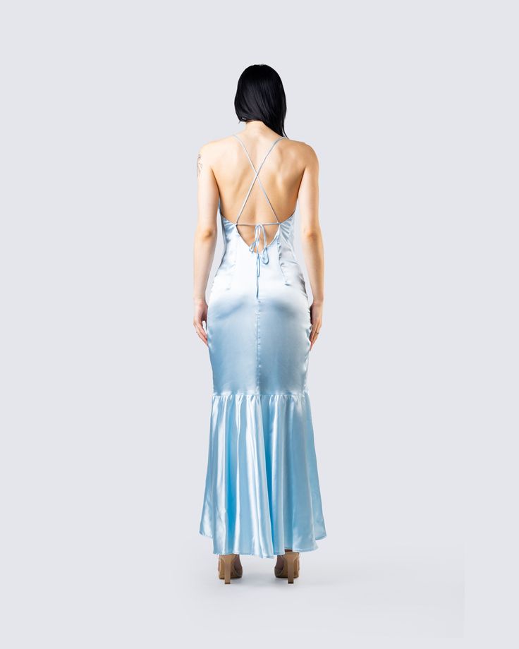 Anya Blue Cowl Low Back Gown – FINESSE Low Back Gown, Fuzzy Skirt, White Corset Dress, Denim Pleated Skirt, Floral Lace Skirt, Red Mini Skirt, Orange Satin, Floral Lace Tops, White Corset