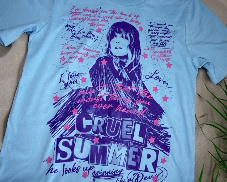 Get ready to embrace the sun-soaked vibes of summer with this “Cruel Summer” tee, a tribute to the iconic Taylor hit summer anthem that captures the essence of love, passion, and unforgettable memories. Screen printed on a 100% ring-spun cotton unisex tee. Machine wash (cool) inside out with like colors - tumble dry (low). Tie-dye version variations differ as each one is unique.This item is ready to ship worldwide within 2-3 business days - expedited shipping also available for domestic orders. Summer Cotton T-shirt With Graphic Design, Summer Band Merch Tops Relaxed Fit, Summer Band Merch T-shirt With Screen Print, Summer Band Merch Tops With Graphic Design, Summer Band Merch Top With Graphic Design, Band Merch T-shirt With Graphic Design For Summer, Band Merch Tops With Graphic Design For Summer, Summer Cotton T-shirt With Band Merch, Summer Cotton Pop Culture Tops