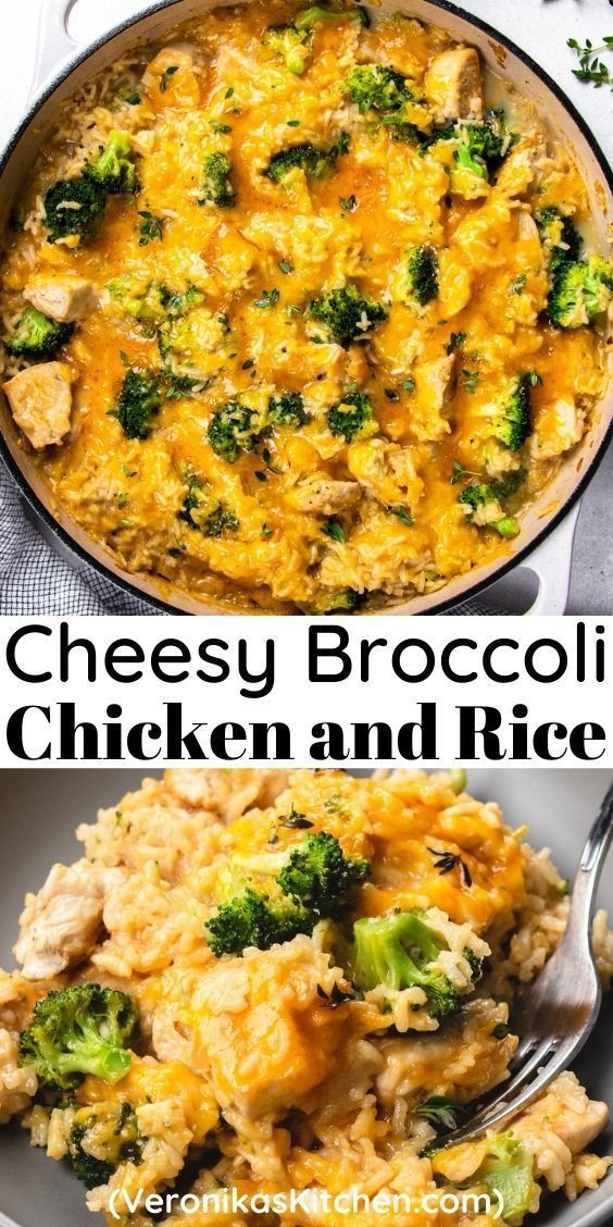 chicken and rice casserole with broccoli on top