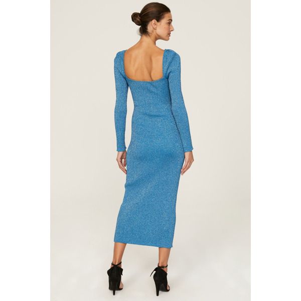 Blue knit (40% Viscose, 26% Polyamide, 10% Metallized Fiber). Sheath. Long sleeves. Sweetheart. Pull on. 49" from shoulder to hemline. Imported. Knit Midi Sweater Dress For Party, Party Knit Midi Sweater Dress, Fitted Knit Midi Dress For Party, Knit Fitted Midi Dress For Party, Fitted Knit Bodycon Dress For Party, Fitted Knit Bodycon Party Dress, Knit Fitted Bodycon Dress For Party, Fitted Blue Midi Sweater Dress, Blue Fitted Midi Sweater Dress