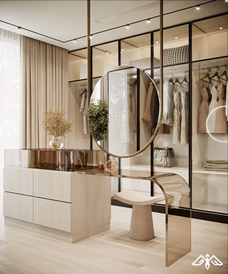 an elegant dressing room with mirrored walls