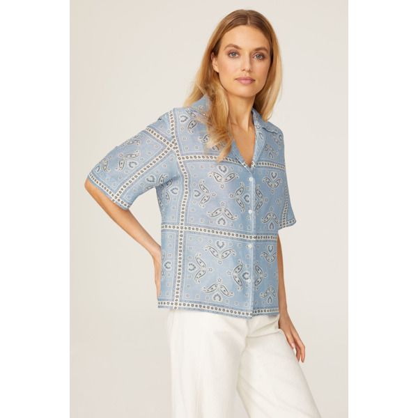 Light blue printed linen (62% Linen, 38% Viscose). Top. Collared neckline. Short sleeves. Front button closure. 25.5" from shoulder to hemline. Imported. Rent The Runway, Camp Shirt, Printed Linen, Camping Shirt, Light Blue, Short Sleeves, Women's Top, Blue