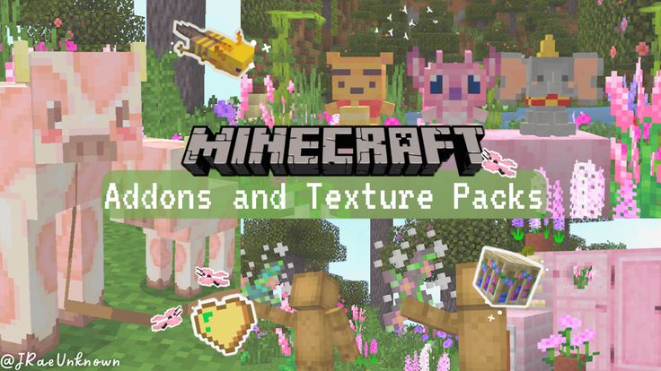 an image of some pink and purple items in minecraft with the text, addons and texture packs