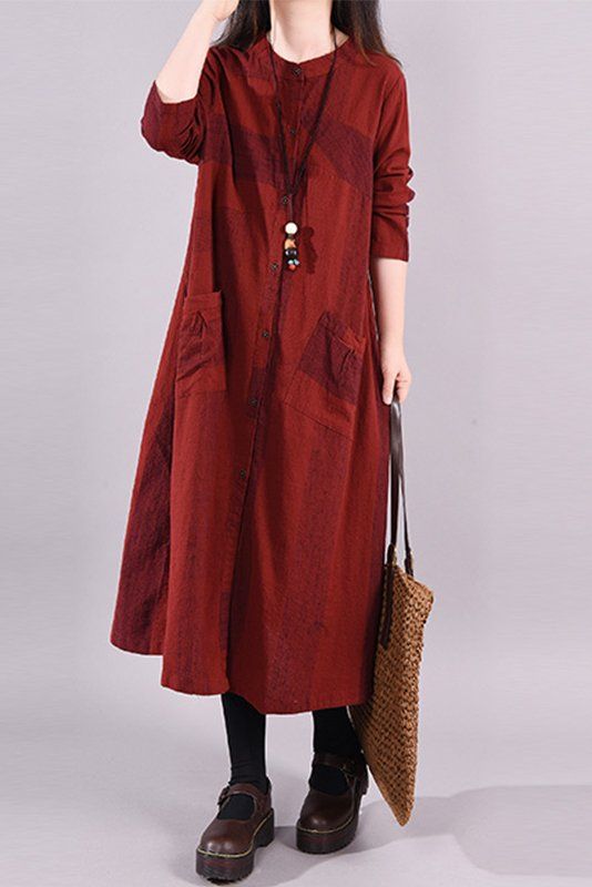 New Style Loose Long-sleeved Dress Casual Shirt Skirt Women Material: Cotton Collar: O-neck Highlight: Pocket Season: Spring. Autumn Long Sleeve Fall Dress With Pockets, Long Relaxed Fit Fall Dresses, Long Relaxed Fit Dresses For Fall, Long Sleeve Dress With Pockets For Fall, Red Long Patchwork Dresses, Relaxed Fit Long Dresses For Fall, Relaxed Fit Long Dress For Fall, Non-stretch Fall Dresses With Pockets, Non-stretch Dresses With Pockets For Fall