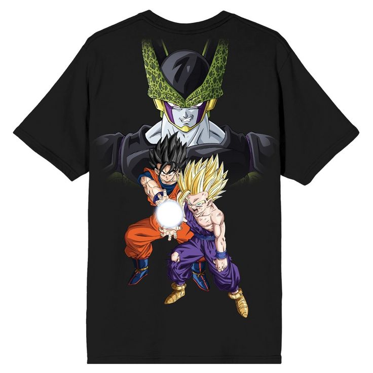 Unleash your inner Super Saiyan with this men's black Dragon Ball Z crew neck short sleeve t-shirt. This officially licensed shirt features a custom design with the iconic logo on the front and a captivating image of Cell, Goku, and Gohan on the back. Crafted with high-quality cotton, this t-shirt offers both comfort and style. It can be easily cared for by machine washing on cold with like colors and tumble drying on low heat. Elevate your Dragon Ball Z collection with this must-have t-shirt. Pop Culture T-shirt With Front And Back Print, Black T-shirt With Sublimation Print For Fan Events, Black Graphic Tee For Fan Events, Black T-shirt With Front Print For Fan Events, Band Merch Short Sleeve T-shirt For Fan Events, Short Sleeve T-shirt With Front Print For Fan Events, Front Print Short Sleeve T-shirts For Fan Events, Black Crew Neck T-shirt With Pop Culture Style, Black Casual T-shirt For Fan Events