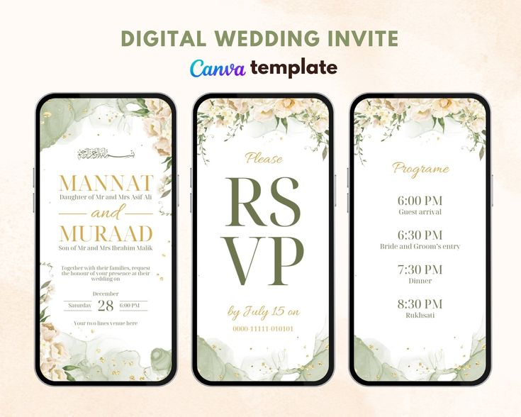 wedding card templates with flowers and greenery on the front, back and sides