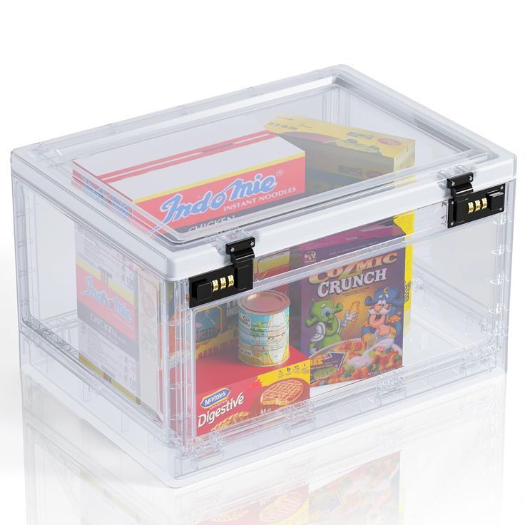 a clear plastic box filled with different types of snacks and condiments on white background