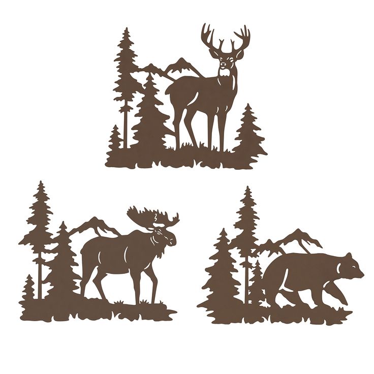 three deer and bear silhouettes in the woods, one with antlers on it