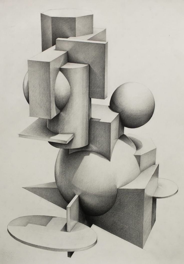 a drawing of some shapes on a white paper with a black and white image in the background