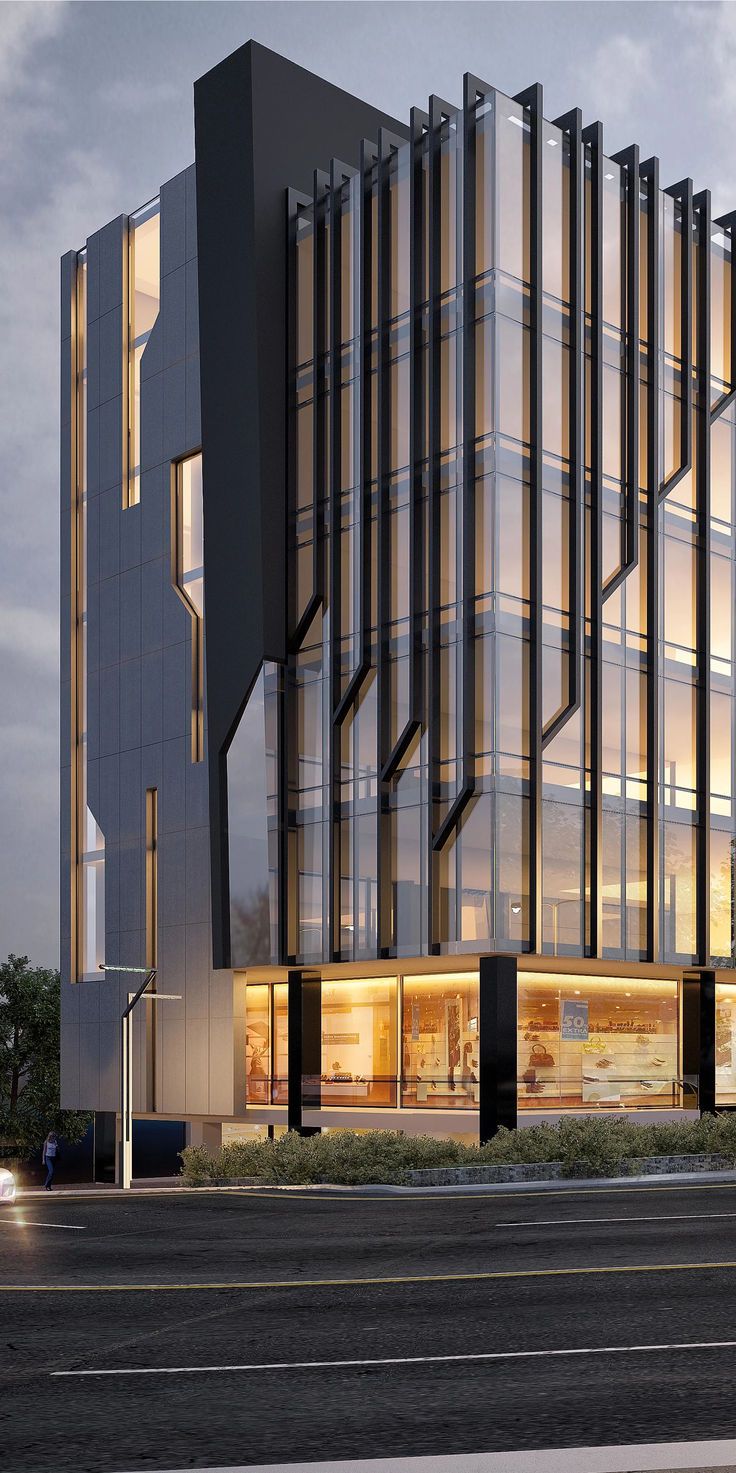 an architectural rendering of a modern building with glass and metal details on the front facade