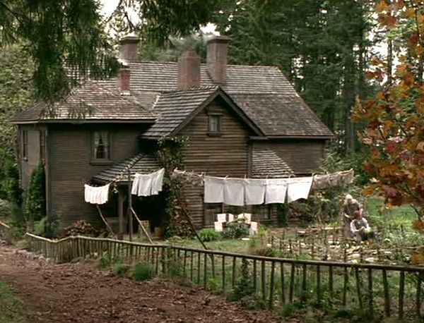 an old house in the woods with clothes hanging out to dry on it's clothesline