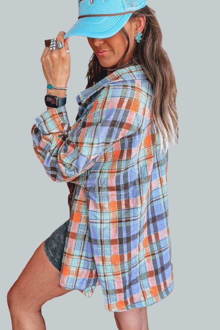 Get ready to rock the layered look this fall with the TRVLN GYPSY Plaid Vintage Shirt! The biggest trend this season, this shirt will add a touch of vintage cool to any outfit. With its unique palid pattern, this shirt is the perfect addition to your wardrobe. PRODUCT MEASUREMENTS (INCH) 🔷 SIZE BUST WAIST HIPS SHOULDER LENGTH XS S 41.7 28.3 M 44.1 29.9 L 46.5 29.9 XL 49.6 30.7 1X 2X 52.8 31.5 MATERIAL: 100%Cotton Trendy Cotton Shirt With Roll-up Sleeves, Trendy Plaid Top For Fall, Oversized Fall Shirt For Layering, Oversized Shirt For Fall Layering, Oversized Shirt For Layering In Fall, Casual Multicolor Shirt For Fall, Trendy Fall Shirt With Pockets, Casual Multicolor Fall Shirt, Multicolor Casual Fall Shirt