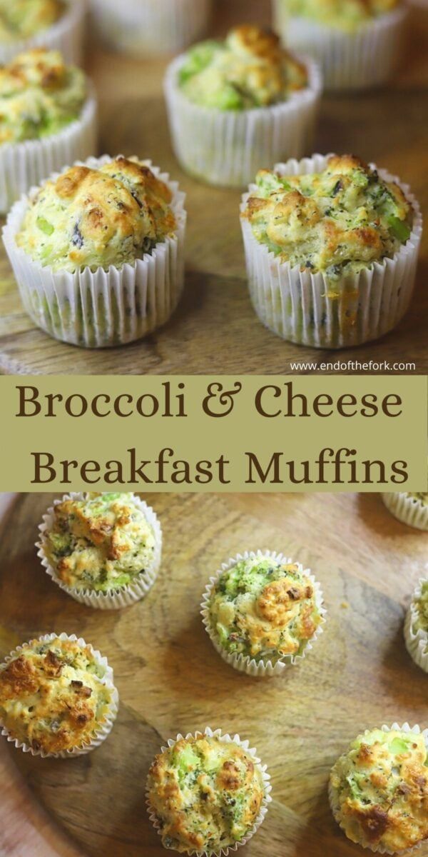 broccoli and cheese breakfast muffins on a wooden platter with text overlay