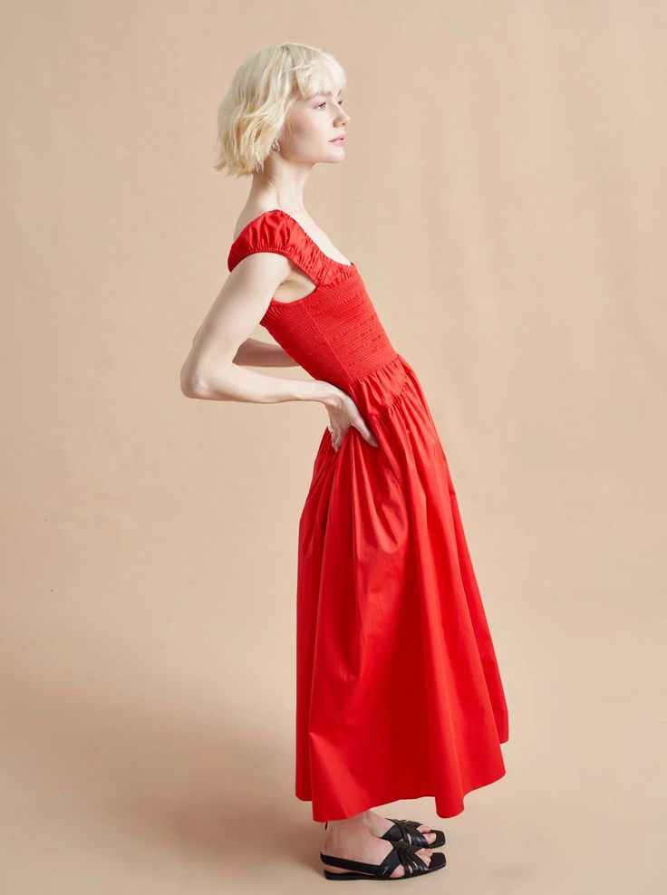 Vivian Dress Red | La Ligne NYC Fitted Dress With Smocked Bodice And Flutter Sleeve, Daywear Flutter Sleeve Midi Dress With Smocked Bodice, Midi Dress With Smocked Back And Short Sleeves, Fitted Flutter Sleeve Dress With Smocked Back, Fitted Smocked Dress With Flutter Sleeves For Daywear, Smocked Midi Dress With Ruched Fitted Bodice, Daywear Smocked Flutter Sleeve Dress With Ruched Detail, Daywear Smocked Dress With Ruched Fitted Bodice, Ruched Smocked Dress With Fitted Bodice And Midi Length