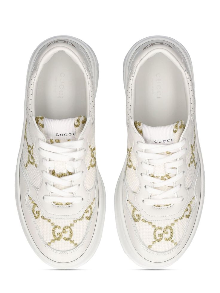 50mm Oversized rubber sole. Leather upper. Front lace-up closure. Printed Interlocking G logo detail at back. Includes additional pair of laces. Rubber sole Luxury Lace-up Sneakers, Luxury Sneakers With Round Toe And Laces, Gucci Leather Sneakers With Perforations, Luxury Sneakers With Laces, Gucci Lace-up Sneakers With Perforations, Gucci Custom Lace-up Logo Sneakers, Gucci Lace-up Calf Leather Sneakers, Luxury Custom Lace-up Sneakers With Contrast Sole, Gucci Lace-up Sneakers With Leather Sole