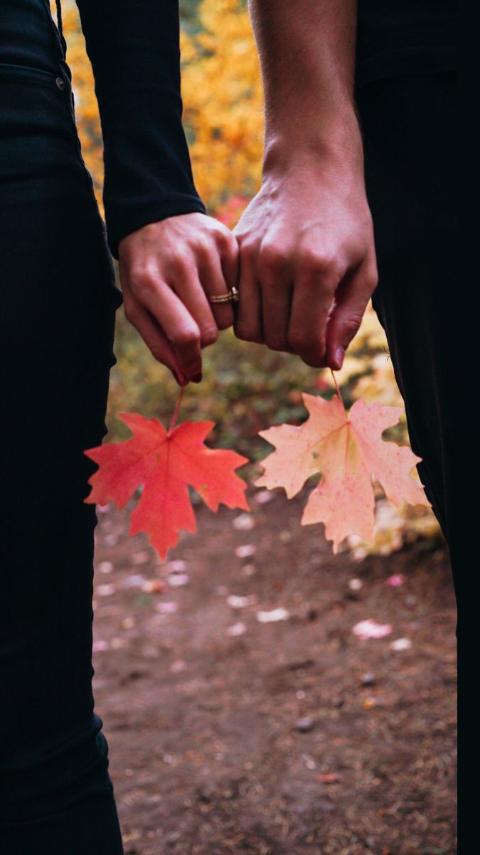 two people holding hands with autumn leaves