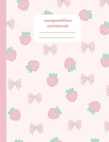 a pink notebook with strawberries and bows on the cover, in pastel colors