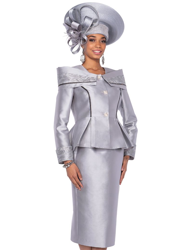 Elite Champagne 5975 Silver skirt suit Church Suits And Hats, Satin Suit, Women Church Suits, Womens Skirt Suits, Church Suits, Church Dresses, Church Hats, Peplum Styles, Church Outfits