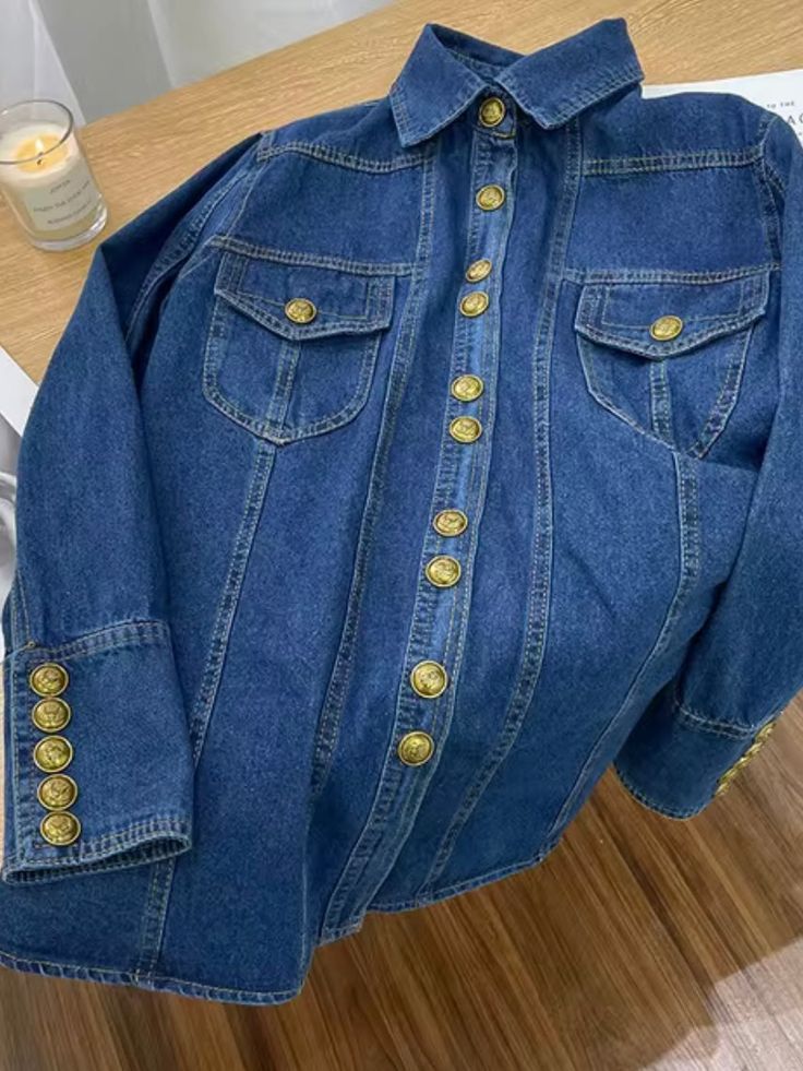 Comfy, breathable and soft denim fabric. Casual style European look. Long sleeves. Buttons down front closure. V-neckline. Polyester fabric. Color may be lighter or darker depending of the device it is displayed. High Heel Wedges Platform, Blue Denim Shirt, Romper And Jacket, Vest Blazer, Wide Pants, Sweater Pants, Denim Fabric, Dress With Boots, Denim Shirt