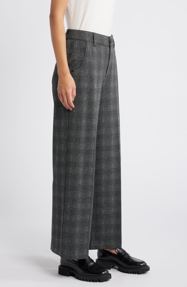 Perfectly chic for work and beyond, these wide-leg trousers feature a classic plaid pattern and 'Ab'solution powermesh panels that smooth and shape. 30" inseam; 24" leg opening; 11" front rise; 16" back rise Zip fly with button closure Front slant pockets 53% polyester, 39% rayon, 5% nylon, 3% spandex Machine wash, tumble dry Imported Classic Plaid Pants For Office, Classic Wide Leg Plaid Pants, Classic Plaid Bottoms For Office, Classic Plaid Pants For Workwear, Classic Plaid Office Bottoms, Plaid Pants For Workwear, Formal Plaid Wide Leg Bottoms, Elegant Tailored Plaid Bottoms, Elegant Plaid Pants For Office