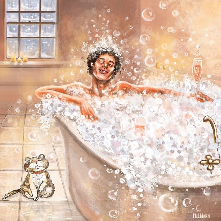 a painting of a woman in a bathtub with bubbles around her and a dog sitting on the floor