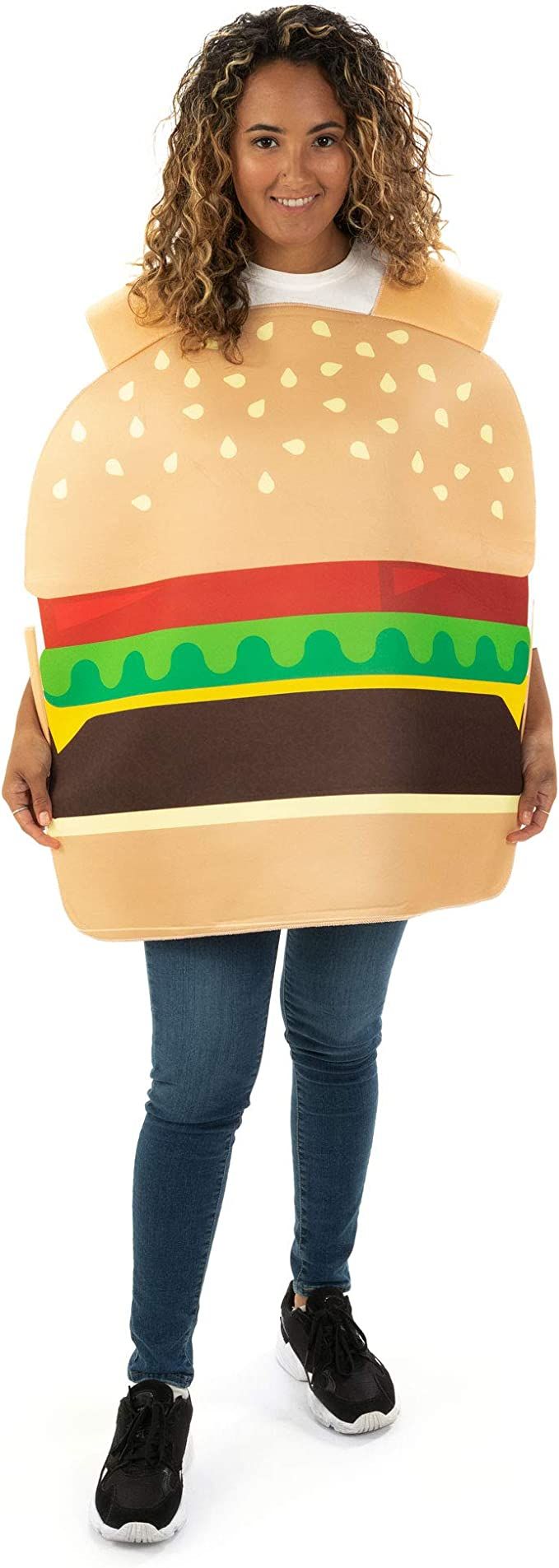 a woman in a hamburger costume