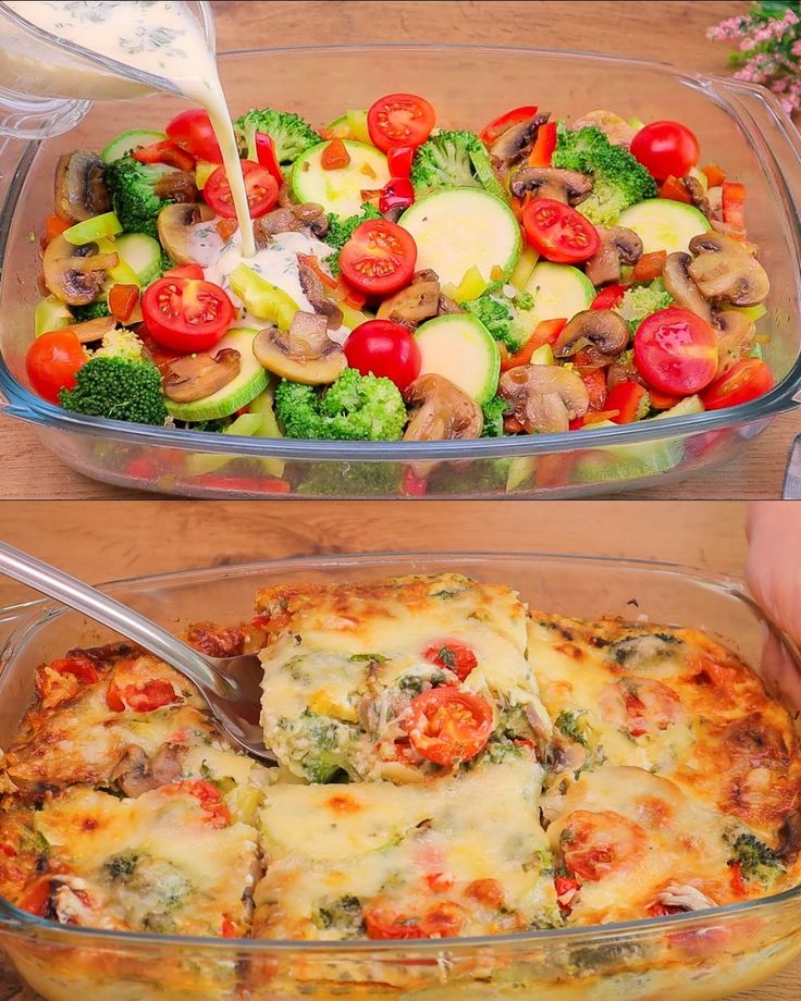 two pictures of different types of food in glass casserole dishes, one has broccoli and the other has tomatoes