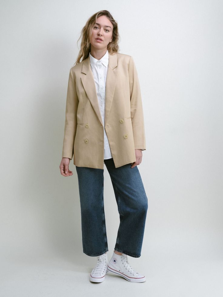 If you have a power blazer like this, you’re ready to take on the world. Wear it as a two-piece set with our Wide Leg Stride Pant, or simply throw it over a t-shirt and jeans. With a strong shoulder and oversized silhouette, it’s calling you to use your stability to support others. Paloma Dress, Best Blazer, Tan Blazer, Strong Shoulders, Denim Hat, T Shirt And Jeans, Oversized Silhouette, Engineered Garments, Sweater And Shorts