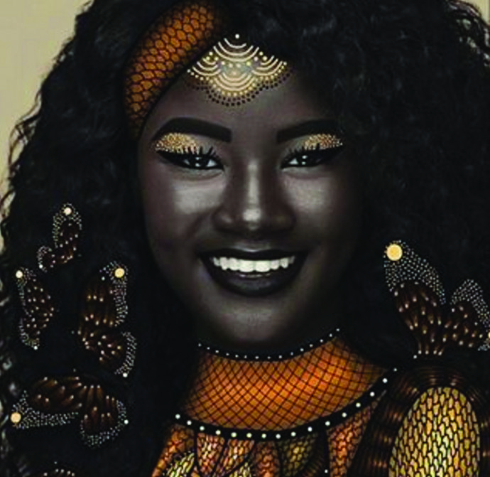 an african woman wearing gold and black makeup