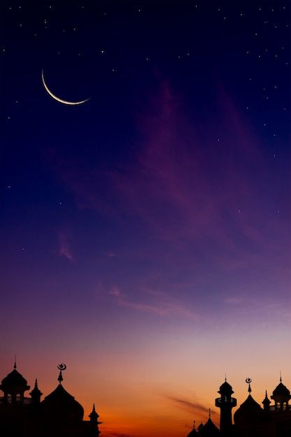 the moon is shining brightly in the night sky above some small buildings and spires