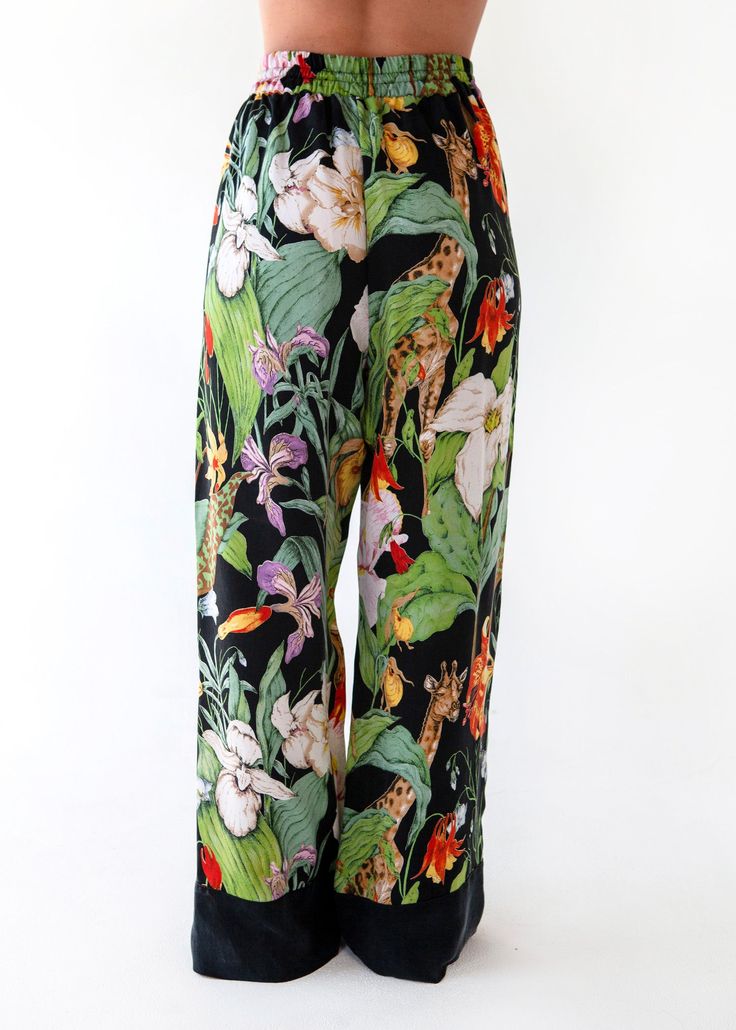 Monroe Alyx Pants Silk Wide-leg Pants With Floral Print, Silk Wide Leg Printed Bottoms, Printed Silk Wide Leg Bottoms, Elegant Silk Pants With Floral Print, Luxury Long Summer Pants, Silk Printed Straight Pants, Elegant Wide Leg Printed Pants, Elegant Printed Wide-leg Pants, Silk Floral Print Straight Pants