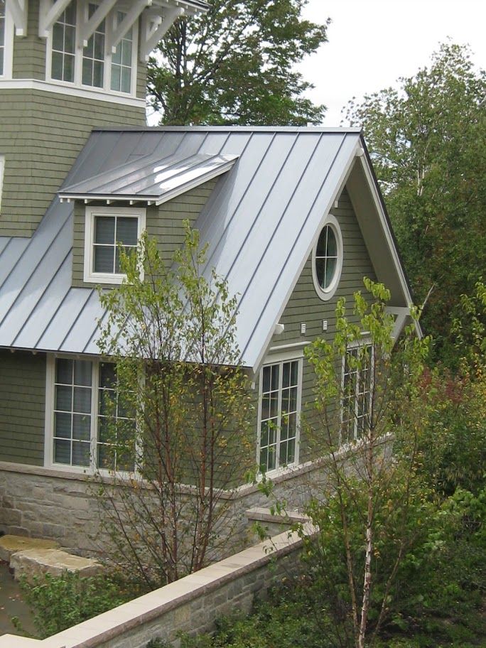 a house with a metal roof in the woods