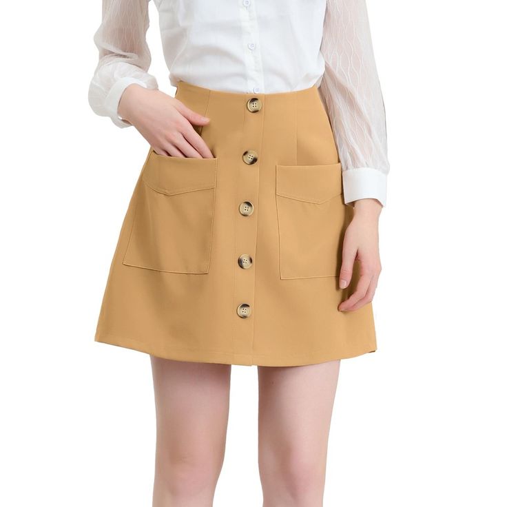 This skirt features buttons front, pockets, and a-line, suitable for spring and summer wear.Suitable for weekend, casual gatherings, shopping, coffee shop, brunch, etc.A comfy triblend skirt is updated with perfectly soft fabric and aline design for understated charm.A comfy spring/summer skirt is updated with perfectly buttons decor, A-line hem, refined silhouette and solid collar for unique feminine and stylish twist. Size: large. Color: khaki. Gender: female. Age Group: adult. Material: Polye Trendy Skirt With Pockets For Day Out, Beige Skort With Pockets For Work, Casual A-line Skort For Spring, Casual A-line Skirt With Pockets, Trendy Skort With Pockets For Day Out, Casual A-line Bottoms With Buttons, Spring Day Out Skort With Pockets, Brown Mini Skirt With Button Closure For Work, Casual A-line Mini Skirt