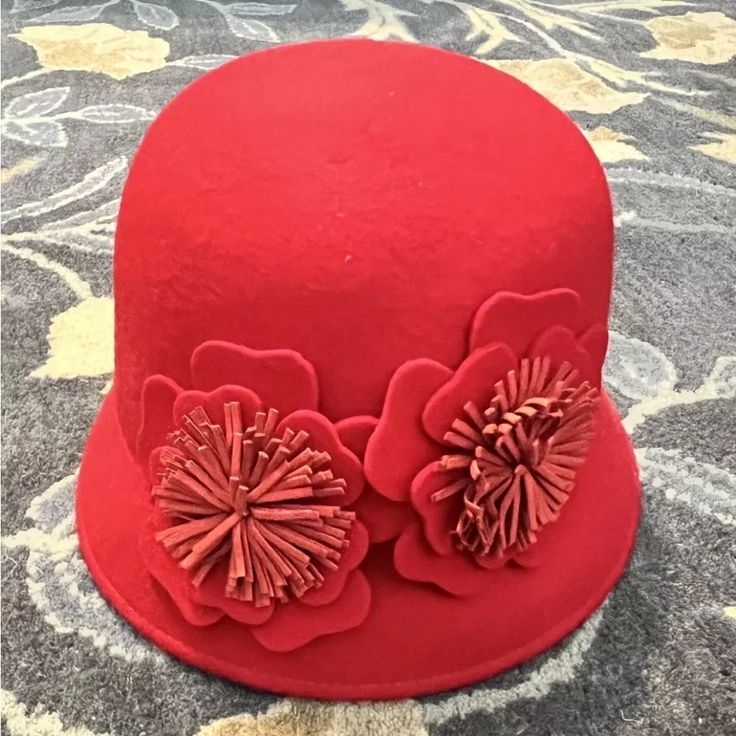 Never Worn, Bnwt! Super Cute Cloche Hat With Flowers. Casual Red Brimmed Mini Hats, Red Brimmed Cloche Hat For Spring, Red Adjustable Cloche Hat, Red Cloche Hat With Short Brim, Red Winter Cloche Hat, Red Wide Brim Mini Hat For Winter, Red Adjustable Cloche Hat With Short Brim, Red Wide Brim Felt Hat For Spring, Red Adjustable Felt Hat For Spring